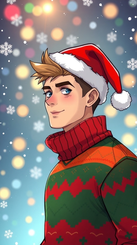 Christmas profile picture of Xavier in a festive sweater with a Santa hat, surrounded by snowflakes and lights.